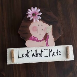Vintage Wooden Look What I Made Kids Art Display Wall Hanging Clothespin Holder